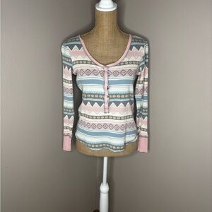 Victoria’s Secret S Cotton Printed PJ Top Pajama Sleepwear Long Sleeve Waffle